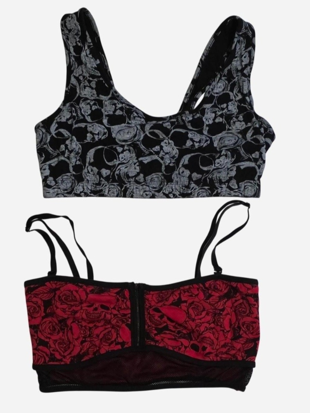 Lot of Two Bralettes Skull & Rose Print, Bandeau Tops, Fishnet, Hot Topic